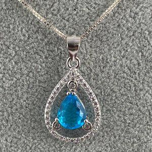 New 2CT Pear Aquamarine & CZ 925 Sterling Pendant